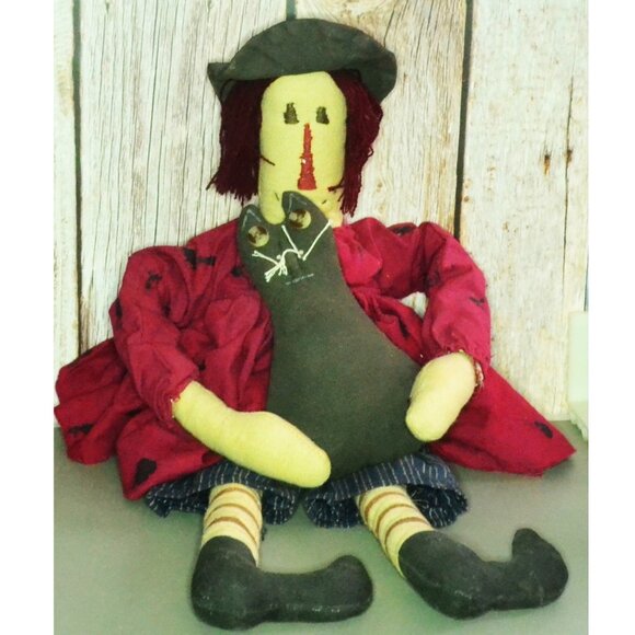 Pearson's Simply Primitives Cloth Witch Doll Holding Black Cat Home Decor - Picture 1 of 4